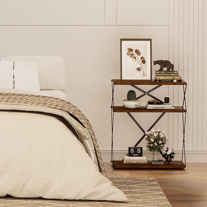 3-Tier End Table Small Side Table Tall Bedside Night Stand with Storage Sofa Side desks for Living Room Bedroom Office Bathroom Small Space Rustic Brown ET-04RB