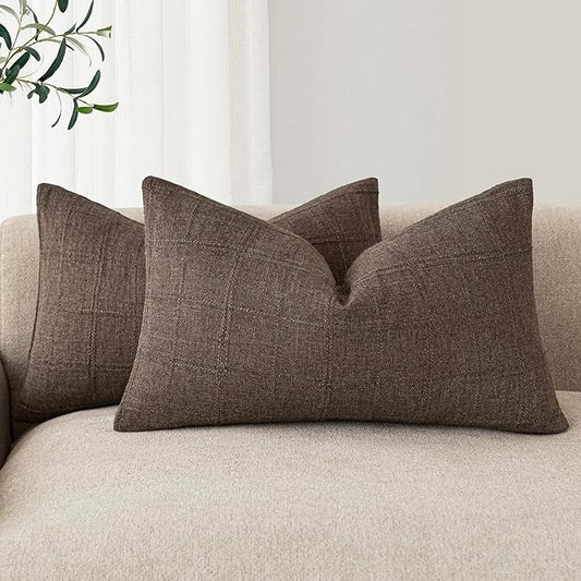 Foindtower Set of 2 Decorative Linen Check Throw Pillow Covers Neutral Farmhouse Lumbar Cushion Covers Modern Boho Home Decor for Sofa Chair Couch Bedroom Living Room Outdoor,12×20 Inch,Dark Brown
