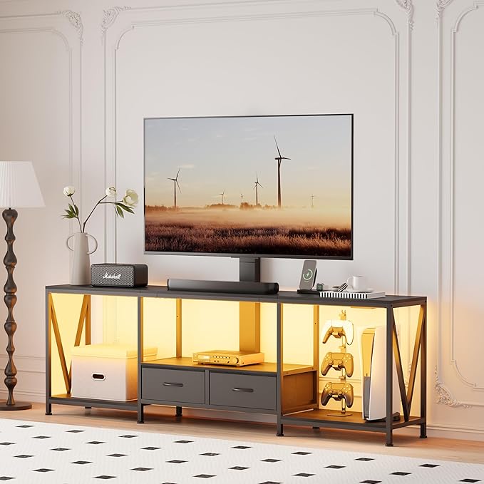 63" W TV Stand with Mount for 50,55,65,75" TV,Entertainment Center with Power Outlet and Led Lights,Height Adjustable TV Console Table with Open Storage Shelves and Fabric Drawers (Black)