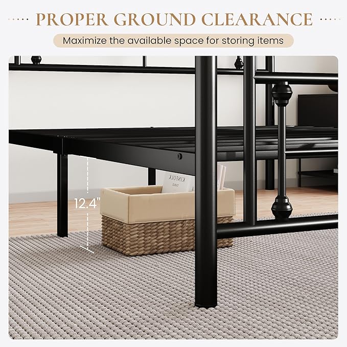 SHA CERLIN 14 Inches Twin Size Metal Platform Bed Frame/Vintage Iron-Art Headboard and Footboard/Mattress Foundation for Storage/No Box Spring Needed/Noise-Free/Easy Assembly/Black