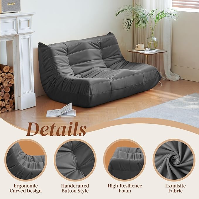 Bean Bag Chair, Loveseat Fireside Chair Bean Bag Sofa for Adults, 2 Seater Bean Bag Chairs for Teens with High-Resilience Foam, Memory Foam Bean Bag for Living Room, Bedroom, Office (Suede, Dark Gray)