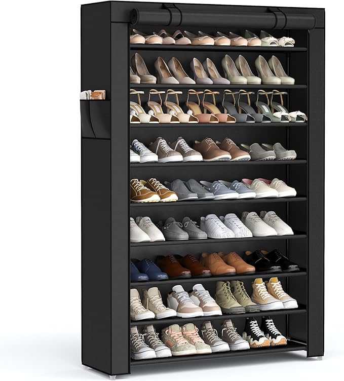 SONGMICS Shoe Rack with Non-Woven Fabric Cover, 9 Tier Storage Shelf for 40-50 Pairs of Shoes, Entryway, Suitable for Sneakers, High Heels, Flats, and Boots, Black URXJ36HV1