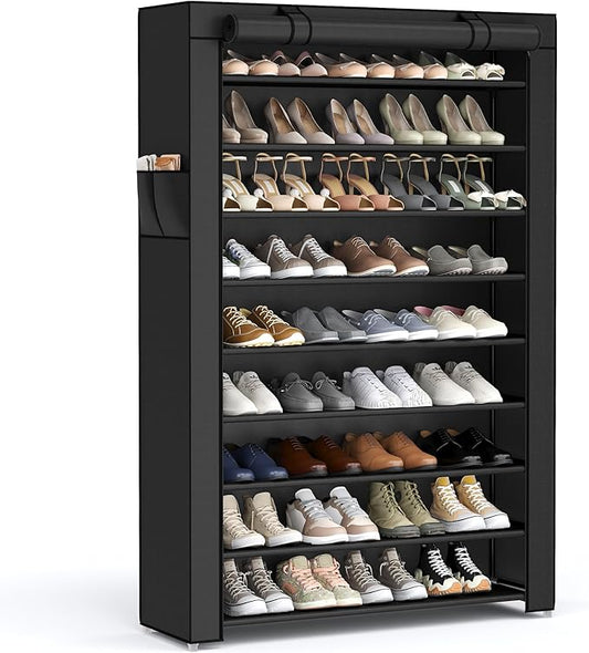 SONGMICS Shoe Rack with Non-Woven Fabric Cover, 9 Tier Storage Shelf for 40-50 Pairs of Shoes, Entryway, Suitable for Sneakers, High Heels, Flats, and Boots, Black URXJ36HV1