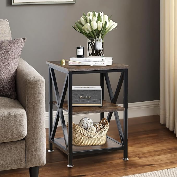 Square End Table with Storage Shelf, 16" D X 16" W X 24" H, 3-Tier End Table Living Room, Rustic Brown End Tables, X-Shaped Night Stand for Bedroom, Farmhouse Wood End Tables