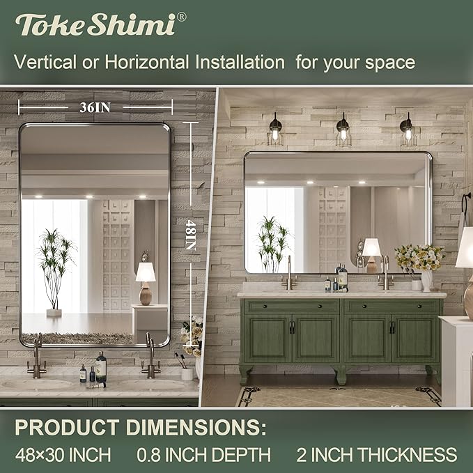 TokeShimi 48 x 36 Inch Black Bathroom Vanity Mirror with Non-Rusting Aluminum Alloy Brushed Matte Metal Frame for Modern,Minimalist,Farmhouse Home Decor (Horizontal/Vertical)