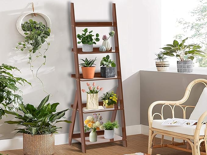 DOUSY-5-Tier Ladder Shelf Bookcase, Bamboo Ladder Bookshelf Leaning Book Shelf, Freestanding Storage Shelf Boho for Living Room, Home Office, Bedroom, Balcony, Walnut