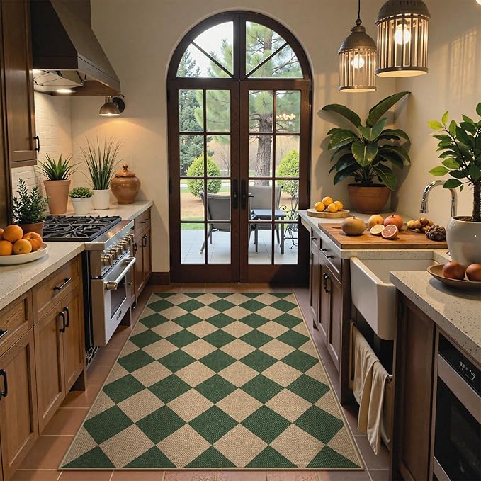 Lahome Checkered Outdoor Patio Easy Jute Rug, 3x5 Dark Green Washable Front Porch Door Rug, Farmhouse Indoor Outdoor Carpet Non Slip Non Shedding Carpet for Entryway Living Room Deck