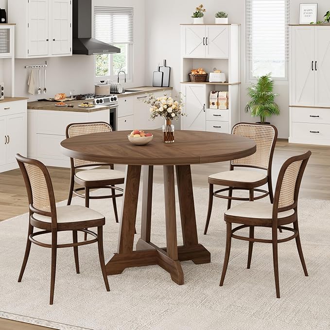 Round Dining Table for 4, 47 Inch Wooden Circle Dinner Table with Sturty Legs, 4 Parts of Tabletop, Round Pedestal Kitchen Tables for Dining Room, Kitchen, Living Room, Brown