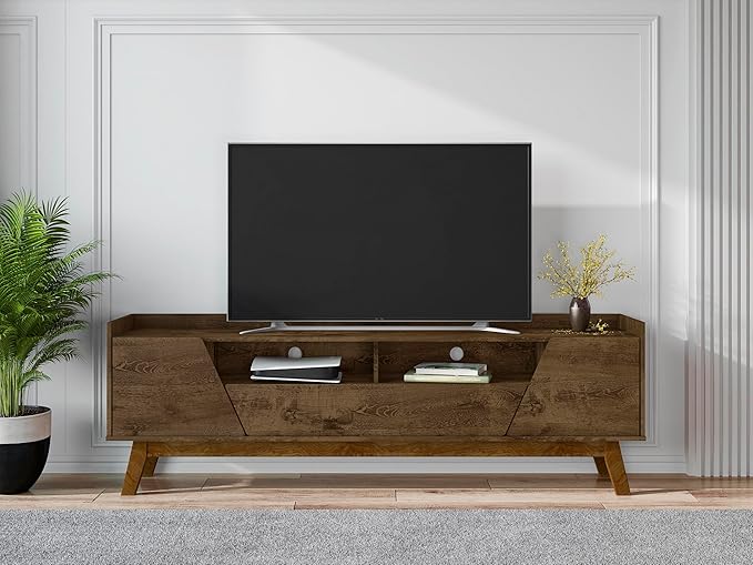 Manhattan Comfort Marcus Mid Century Modern 70 Inch TV Stand with Drawers, Cable Management, 4 Shelves and Soft Close Doors, Entertainment Center and Media Console for Living Room, Brown