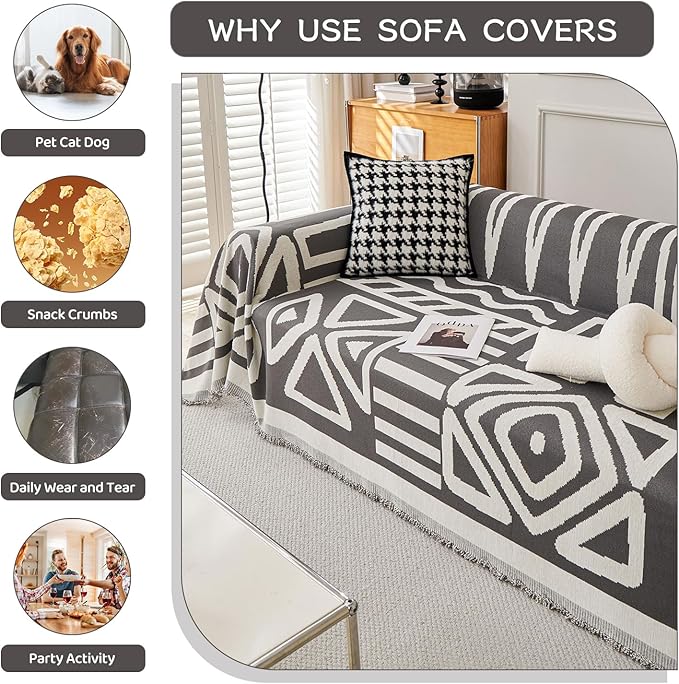 STACYPIK Simple Dark Grey Boho Sofa Cover for Sectional Soft Tassel Chenille Couch Cover for 3 Cushion Couch Reversible Loveseat Cover for Dogs Cats Non-Silp Furniture Cover Multi-Use Blanket-91x134IN