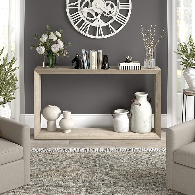 Henn&Hart 55'' Wooden Rectangular Console Table Entryway Table, Sofa Table with Wooden Shelf for Entryway, Living Room, Couch, Hallway, or Office, Antiqued Gray Oak