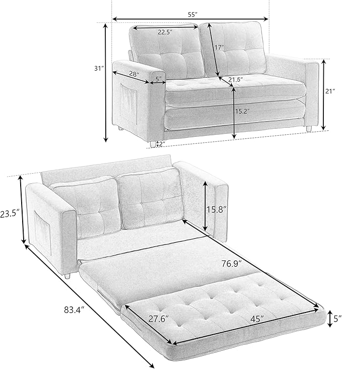 ERYE 3 Fold Tufted Upholstered Futon Sofa Bed Modern Convertible Foldable Floor Loveseat Sofabed with Pull Out Sleeper Couch Daybed W/Side Pockets for Living Room