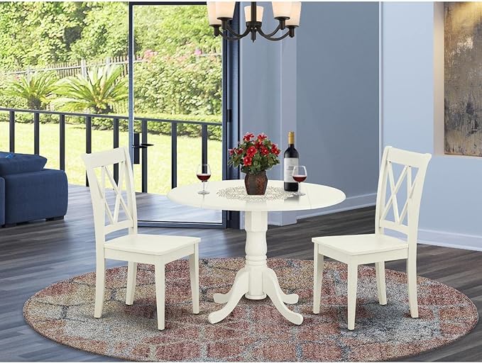 East West Furniture DLCL3-LWH-W 3 Piece Dining Room Table Set Contains a Round Dining Table with Dropleaf and 2 Wood Seat Chairs, 42x42 Inch, Linen White