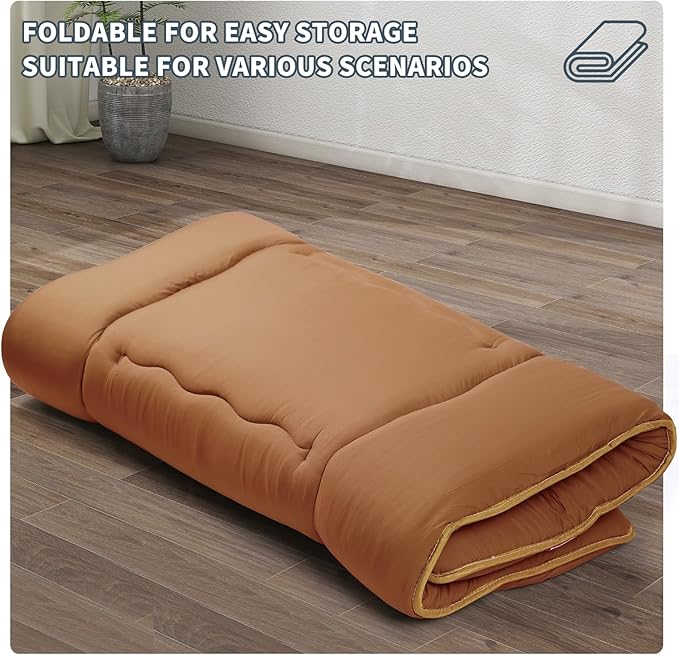 Japanese Floor Mattress,4" Thicken Japanese Floor Sleeping Pad Foldable,Futon Mattress Suitable for Camping and Guest Room (Khaki, Queen (80" X 60"))