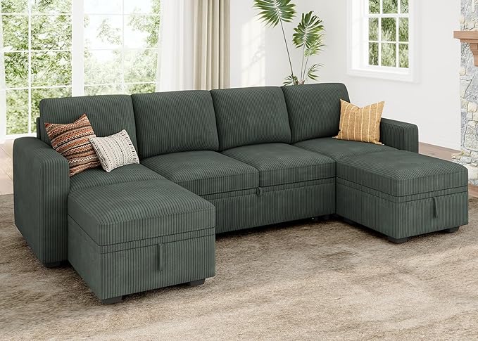 HONBAY Modular Sectional Sleeper Sofa Bed, Corduroy Pull Out Couch with Storage Ottoman, U Shaped Sectional Couches for Living Room, Green