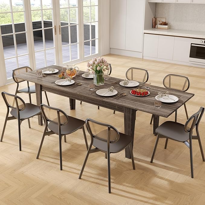 Expandable Dining Table, Large Wood Dining Table for 6-12, 70.87"-106.5" Modern Rectangular Long Kitchen Table with Metal Track for Kitchen, Living Room, Office-Brown