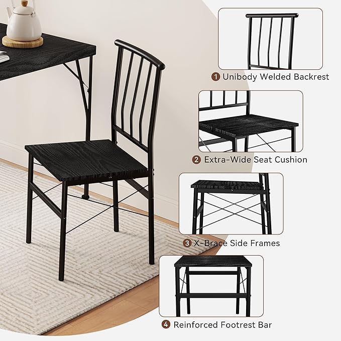 Vipbear Kitchen Dining Table Set for 4, 5-Piece Kitchen Table Set with 1.6“ Thick Tabletop,Dining Room Table Sets,Kitchen Table Set with 4 Chairs for Small Space, Dinette,Apartment,Retro Black