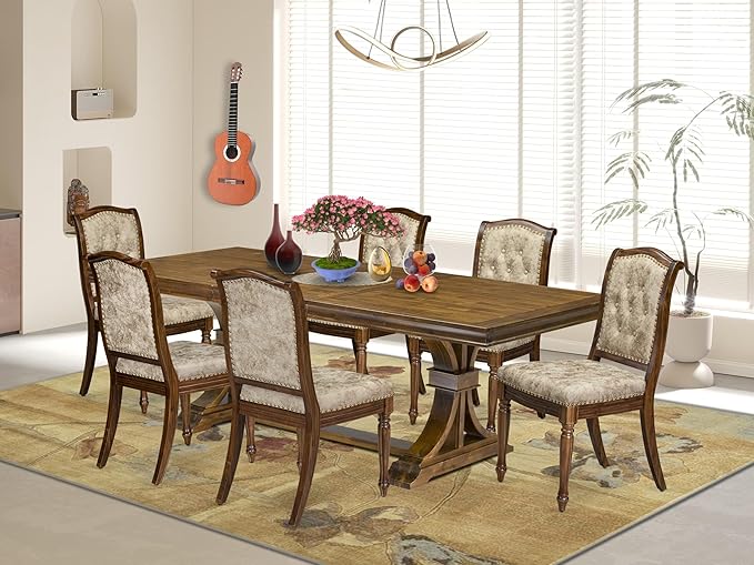 LEMA7-AWA-36 7 Pieces Dining Room Set Consists of a Rectangular Modern Dining Table and 6 Light Beige Polyester Fabric Kitchen Chairs, Antique Walnut Finish