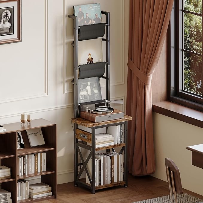 Record Player Stand with Power Outlet, 6 Tier Vinyl Record Display Shelf, Record Player Table with album storage up to 200 Albums, Console Organizer Display Shelf, Gifts for Music Lovers