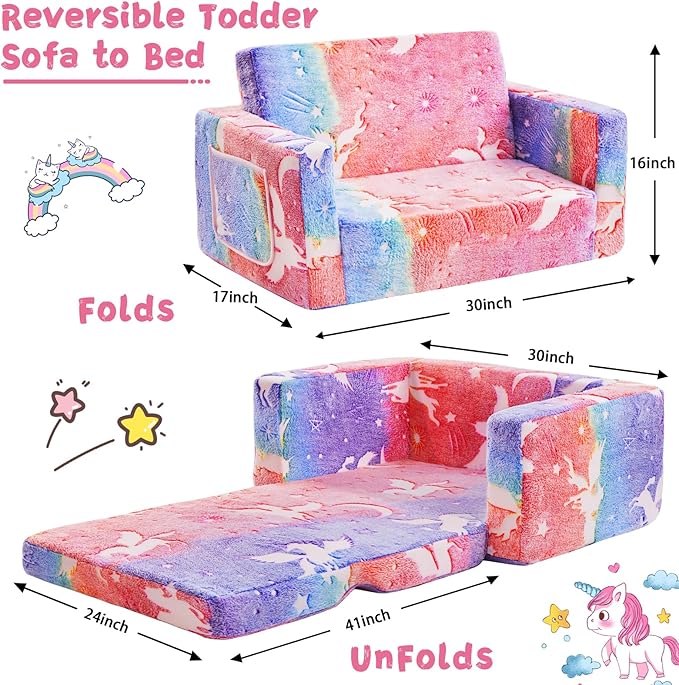Toddler Chair Comfy,2-in-1 Soft Toddler Couch Fold Out for Kids,Convertible Sofa to Lounger,Gift for Girls and Boys Birthday,Elf,Large