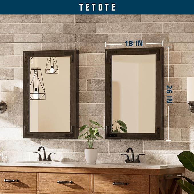 TETOTE 18 x 26 Black Wooden Mirror for Bathroom Wall/Bedroom/Living Room/Entryway Farmhouse Rustic Bathroom Vanity Mirror for Over Sink Waterproof (Horizontal/Vertical Mounted)