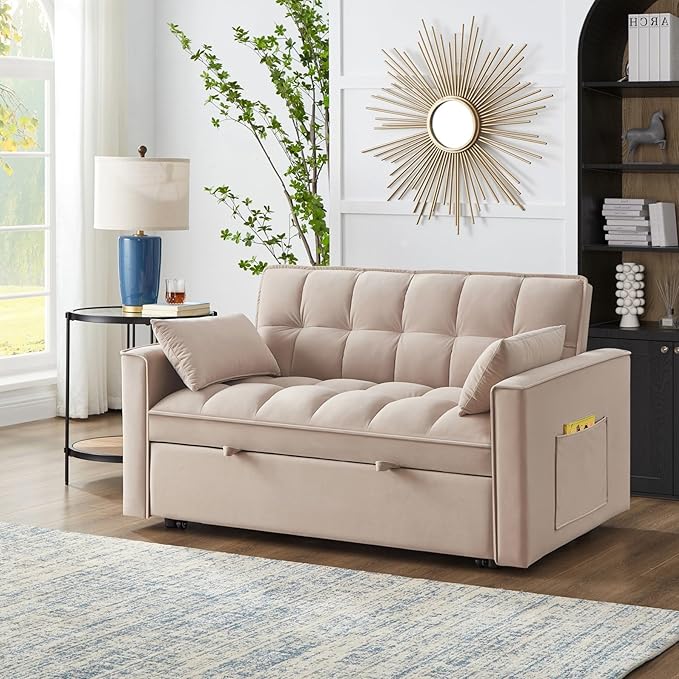 KEIKI Velvet Loveseat Convertible Sofa Bed Sleeper Chair with Adjustable Backrest, Pillows & Storage Pockets, 3 in 1 Pull-Out Couch Chaise Lounge Recliner for Living Room Balcony Bedroom, Taupe