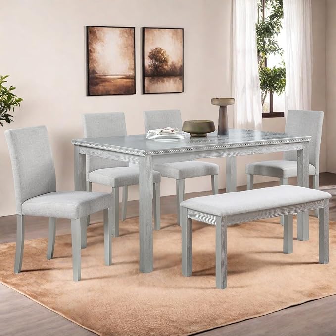 Dining Table Set for 5, 6 Piece Dining Room Table Set with Rectangular Crystal Decoration Table, 4 Upholstered Chairs and Bench, Counter Height Kitchen Sets with MDF Tabletop, Silver Gray