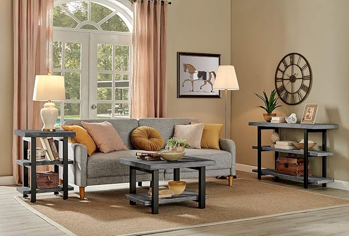 Alaterre Furniture Pomona 3-Tier Industrial End Table with Solid Pine Wood and Metal Legs – 20-Inch Side Table with 2 Lower Shelves, Rustic Modern Accent Table for Living Room or Bedroom (Slate Gray)