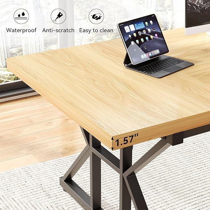 LITTLE TREE 70.8-Inch Large Executive Desk, Modern Computer Office Desk, Wooden Writing Desk Study Table for Home Office, Light Walnut-Black