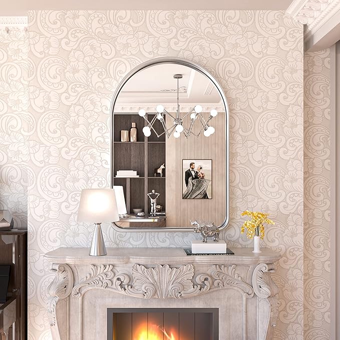 TokeShimi Arched Brushed Silver Bathroom Mirror 26x38 Inch with Non-Rusting Aluminum Alloy Matte Framed for Vanity Farmhouse Modern Minimalist Bathroom, Entryway Hall, Living Room, Bedroom