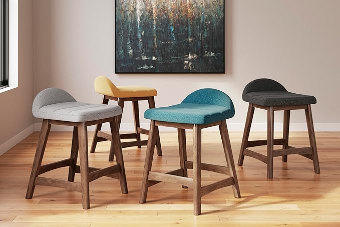 Signature Design by Ashley Lyncott Contemporary 28.5" Counter Height Upholstered Bar Stool with Foam Cushion, 2 Count, Light Gray & Brown