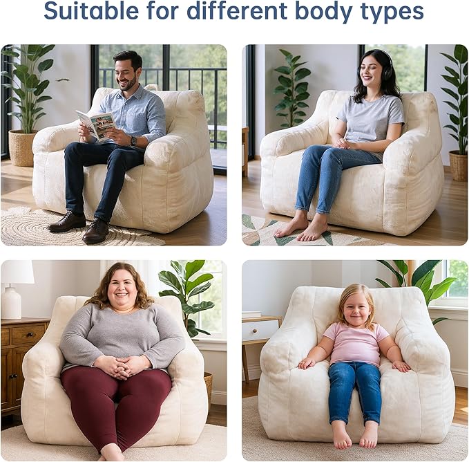 Giant Bean Bag Chairs for Adults and Kids, 3FT Bean Bag Chair with Filler, Comfy Lazy Sofa Chair for Bedroom, Living Room, Dorm (Cream)