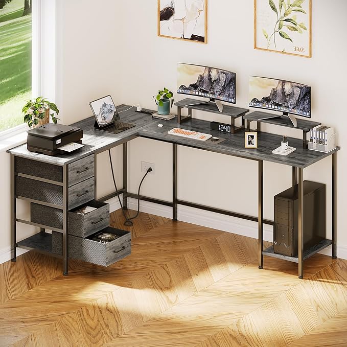 66" L Shaped Computer Desk, 94.4'' Home Office Desk with Power Outlets, 4 Adjustable Storage Drawers & 2 Monitor Stands, Large Two Person Gaming Table for Writing Study, Grey