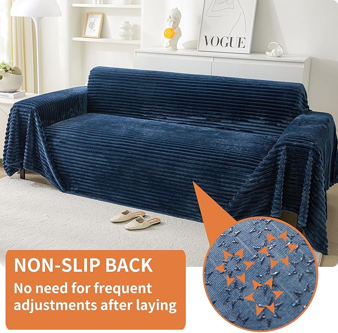 HAOMAIJIA Faux Fur Sofa Covers Couch Covers for 3 Cushion Couch Sofa Pet Friendly Soft Non Slip Couch Cover for Dogs Washable Sectional Couch Covers L Shape Furniture Protector (Navy Blue, 71"x134")
