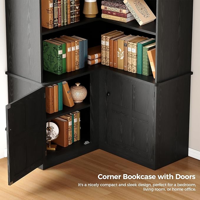 IRONCK Corner Bookshelf with Doors, 6 Tier Bookcase with Storage, Corner Shelf with Cabinet, Large Tall Bookshelf for Living Room, Home Office, Bedroom,Black