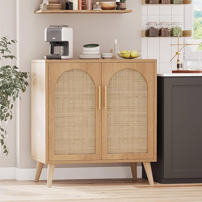 Rovaurx Rattan Storage Cabinet with Doors, Modern Accent Bathroom Floor Cabinet, Sideboard Buffet for Living Room, Entryway, Dining Room and Kitchen, Natural BMGZ108M