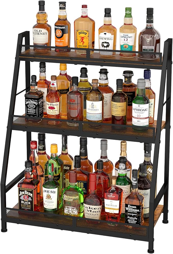 3-Tier Expanded Liquor Stand, Trapezoid Wine Rack Freestanding Floor, Large-Capacity Bar Stand for Liquor Whiskey Wine Storage, Vintage Liquor Cabinet Bar for Home(Patent Pending)