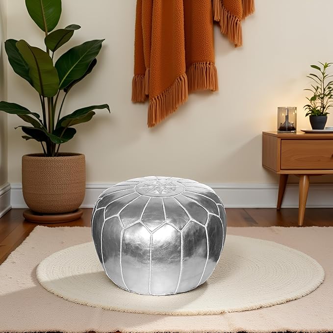 Stuffed Round Design Moroccan Leather Pouf Ottoman, Handmade, Pre-Filled, 100% Genuine Leather, 13” Height x 20” Diameter, Footstool & Living Room Décor (Silver)