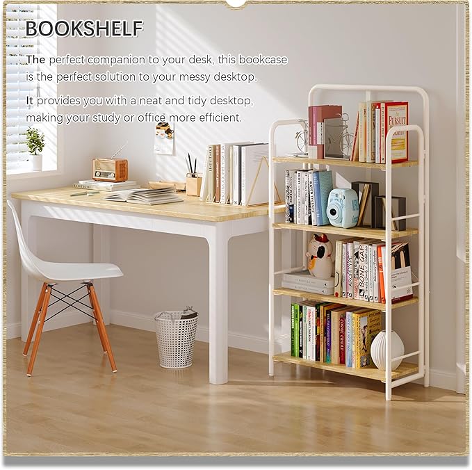 4NM No Assembly Folding Bookshelf 4 Tiers Vintage Industrial White Book Shelf Metal Foldable Storage Bookcase and Bookshelves for Living Room,Bedroom and Kitchen - Natural