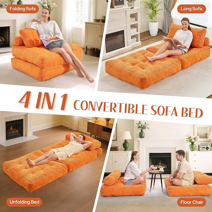 HABUTWAY Folding Sofa Bed, Convertible Sleeper Chair Bed w/Dual-Pillow & Handle, Foldable Floor Sofa Lounge w/Back Support for Living Room, Bedroom, Apartment, Office, Orange