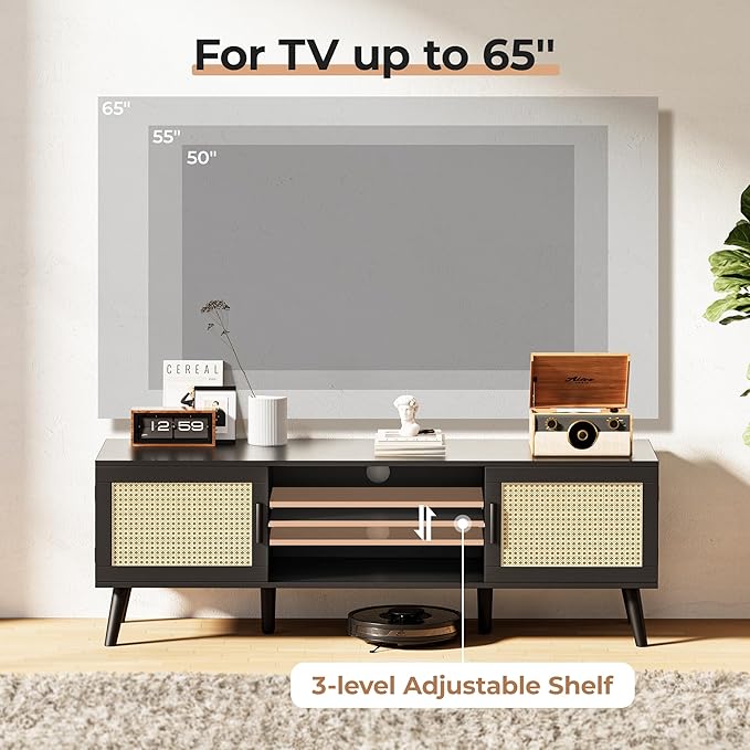 SUPERJARE TV Stand for 65 Inch TV, Entertainment Center with Adjustable Shelf, Rattan TV Console with 2 Cabinets, Media Console, Solid Wood Feet, 4 Cord Holes, for Living Room, Black-8750B