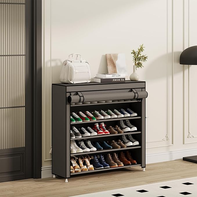 Calmootey 5 Tier Shoe Rack Organizer to Hold 25 Pairs, Portable Shoe Shelf with Nonwoven Fabric Cover for Closet Hallway, Bedroom, Entryway, Grey