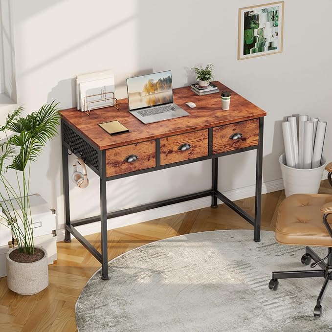 Furologee Small Computer Desk with 3 Fabric Drawers, 40 Inch Simple Home Office Desk, Writing Desk with Hooks, Study Table for Working Small Spaces, Makeup Desk for Bedroom, Rustic Brown