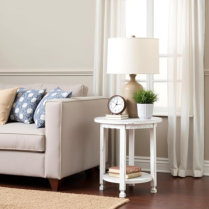 Rustic Cottage Round End Table w/ 1 Shelf, White Antique, 20" x 20" x 24", Farmhouse Style - Unique Accent Piece, Constructed of Select Hardwoods/Composite Wood, End Table w/ Drawer & Shelf