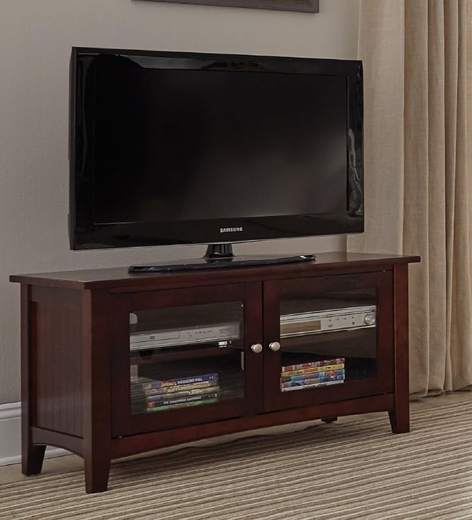 Shaker Cottage TV Stand, Espresso - Modern Style Hardwood and Composite Wood Media Console with Glass Cabinet, Adjustable Shelf, and Cord Management, Easy Assembly, 36"W x 16"D x 20"H