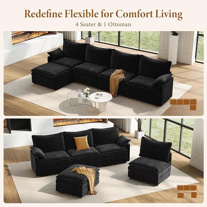 Vesgantti 142" Cloud Couch Sectional Modular Sofa, Comfy Sectional Couch with Ottoman Deep Seat Corduroy L Shaped Sofa, Modular Couches for Living Room, Bedroom and Apartment, Black