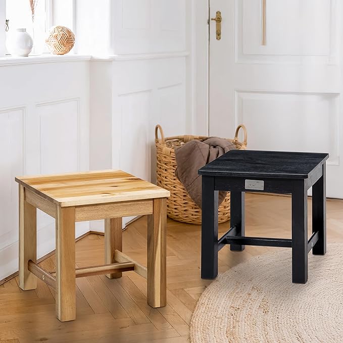 12 Inch Wooden Step Stool, Small Nature Beach Chair Under Desk, Indoor Acacia Wood Short Footstool for Living Room, Kitchen, Bathroom