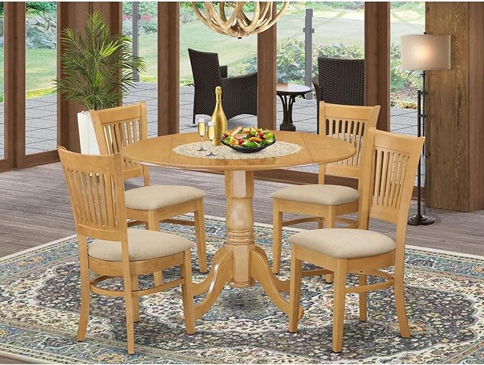 East West Furniture DLVA5-OAK-C 5 Piece Kitchen Table & Chairs Set Includes a Round Dining Room Table with Dropleaf and 4 Linen Fabric Upholstered Chairs, 42x42 Inch, Oak