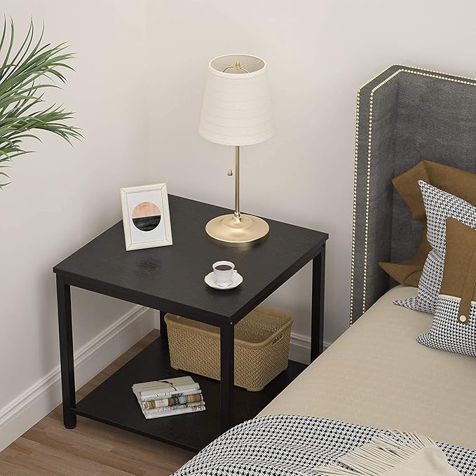 Homieasy Side Table 20 Inch Square, 2-Tier Coffee Tea End Table Nightstands for Sofa Couch Bed, Metal Wood Accent Modern Simple Industrial Style Side Table for Living Room Bedroom, Black