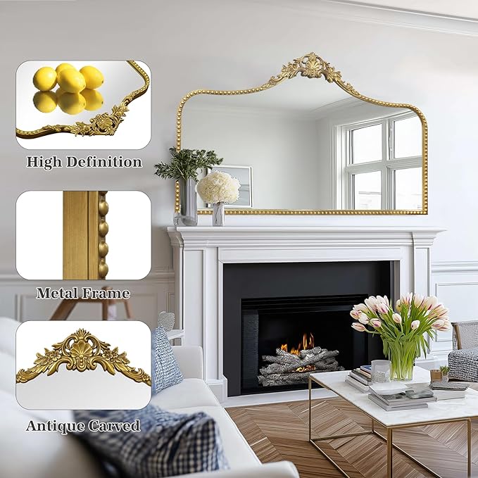 G-LEAF Vintage Baroque Mirror 48"X30", Victorian Antique Mirror with Gold Ornate Metal Frame for Fireplace Entryway Living Room Hallway Bathroom